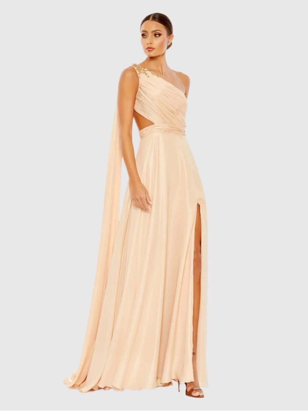 Mac Duggal 68053 Beige One Shoulder Open Back Flowy Gown Size 10 NWT